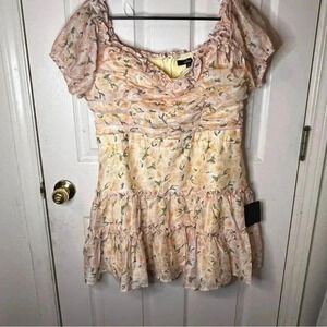 NWT Lulus Yellow Floral Corset Mini Dress Off Shoulder Size XL Light Classy